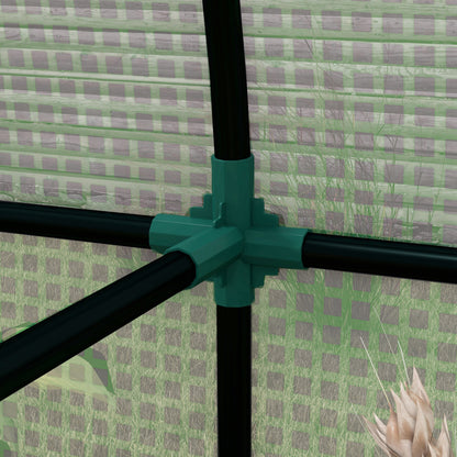Outsunny greenhouse frame joint connecting black support poles beneath the green mesh cover