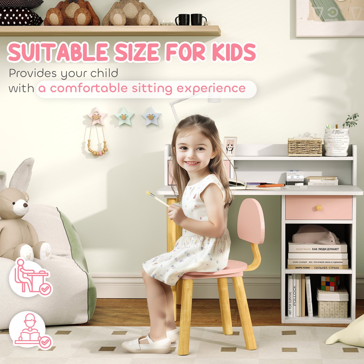 AIYAPLAY 2 Pieces Children Study Table with Hutch, Kids Desk and Chair Set with Storage, Drawer, Shelves, Pink