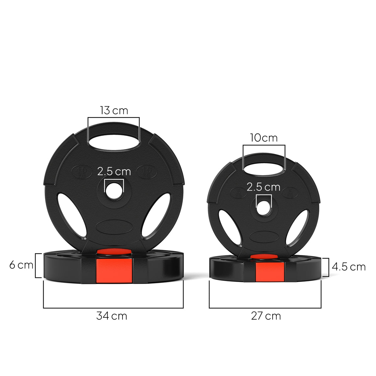 SPORTNOW weight plates with 2.5 cm center holes; shown with dimensions