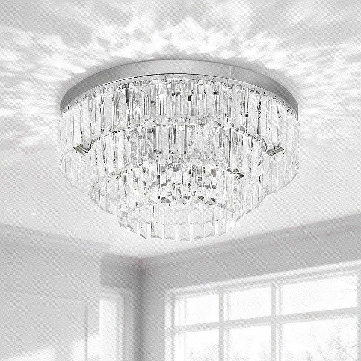 HOMCOM 112 Crystallite ceiling chandelier with a silver base and layered clear crystal drops