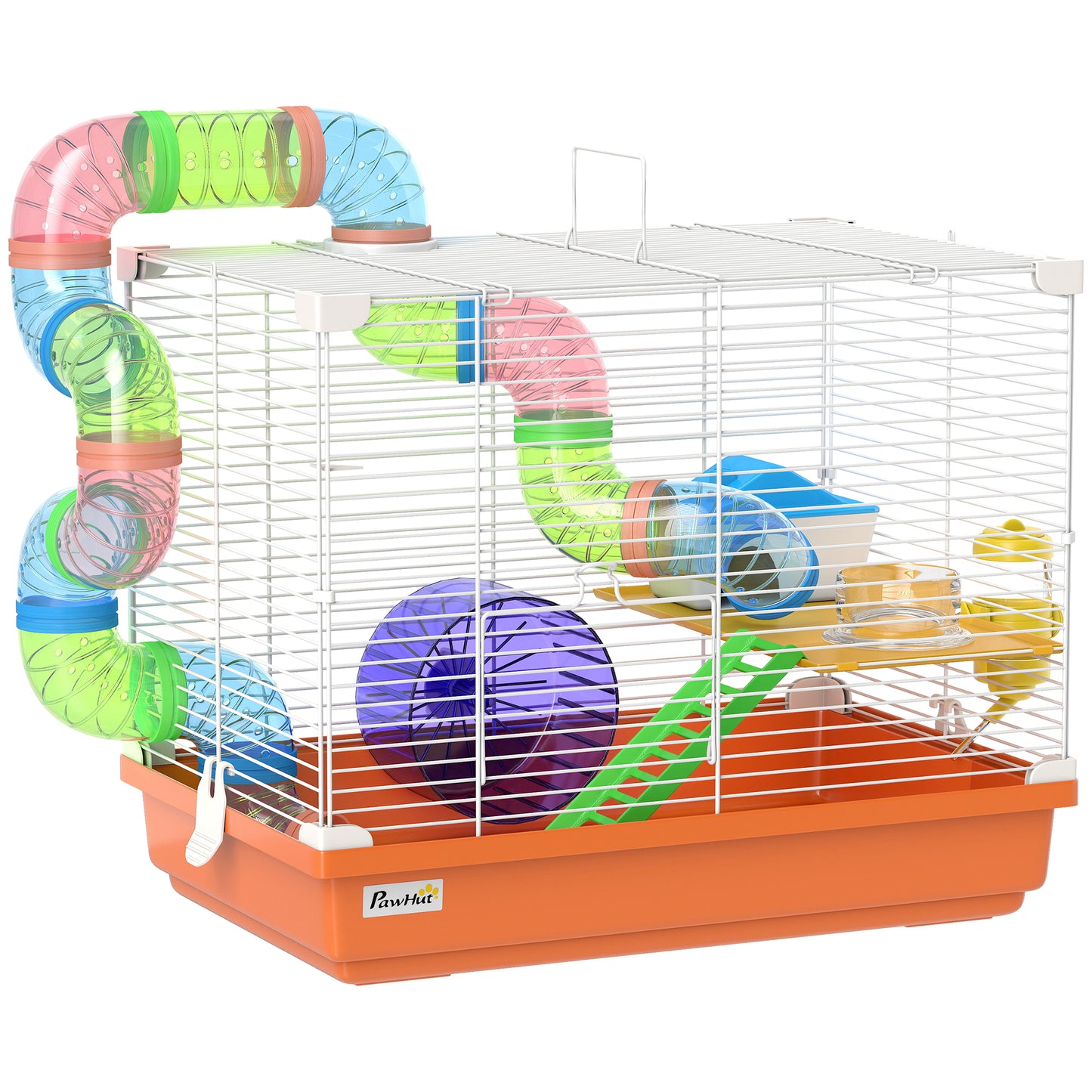 Photo of PawHut 2 Tier Hamster Cage, Gerbil Cage with Handle, Exercise Wheels, Tunnel, Water Bottle, Dishes, Ladder, for Dwarf in Dwarf colour on a white background