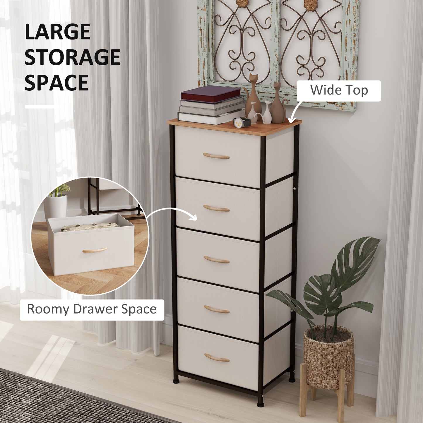 HOMCOM Fabric Chest of Drawers, Industrial Bedroom Dresser with 5 Fabric Drawers, Steel Frame and Wooden Top for Nursery, Living Room, Hallway, Cream White
