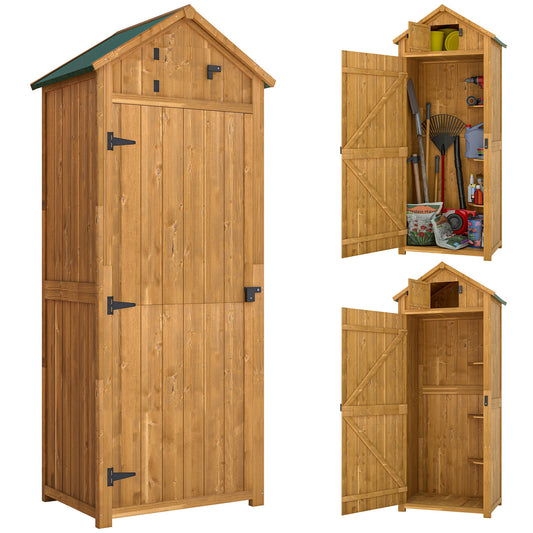 Photo of Outsunny Garden Shed Wood Outdoor Garden Tool Storage Unit with 3 Detachable Shelves, 77 x 54.2 x 179cm,  Brown in Brown colour on a white background