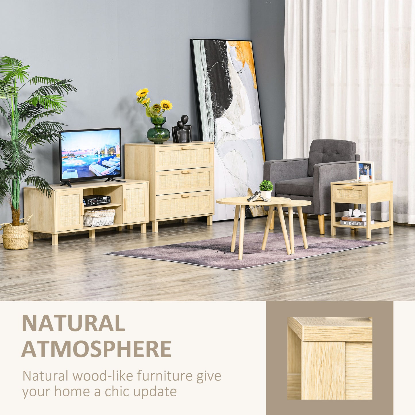 HOMCOM Bedside Table Set of 2 with Rattan Drawer, Rustic Side Tables with Storage Shelf for Bedroom, Living Room, Natural