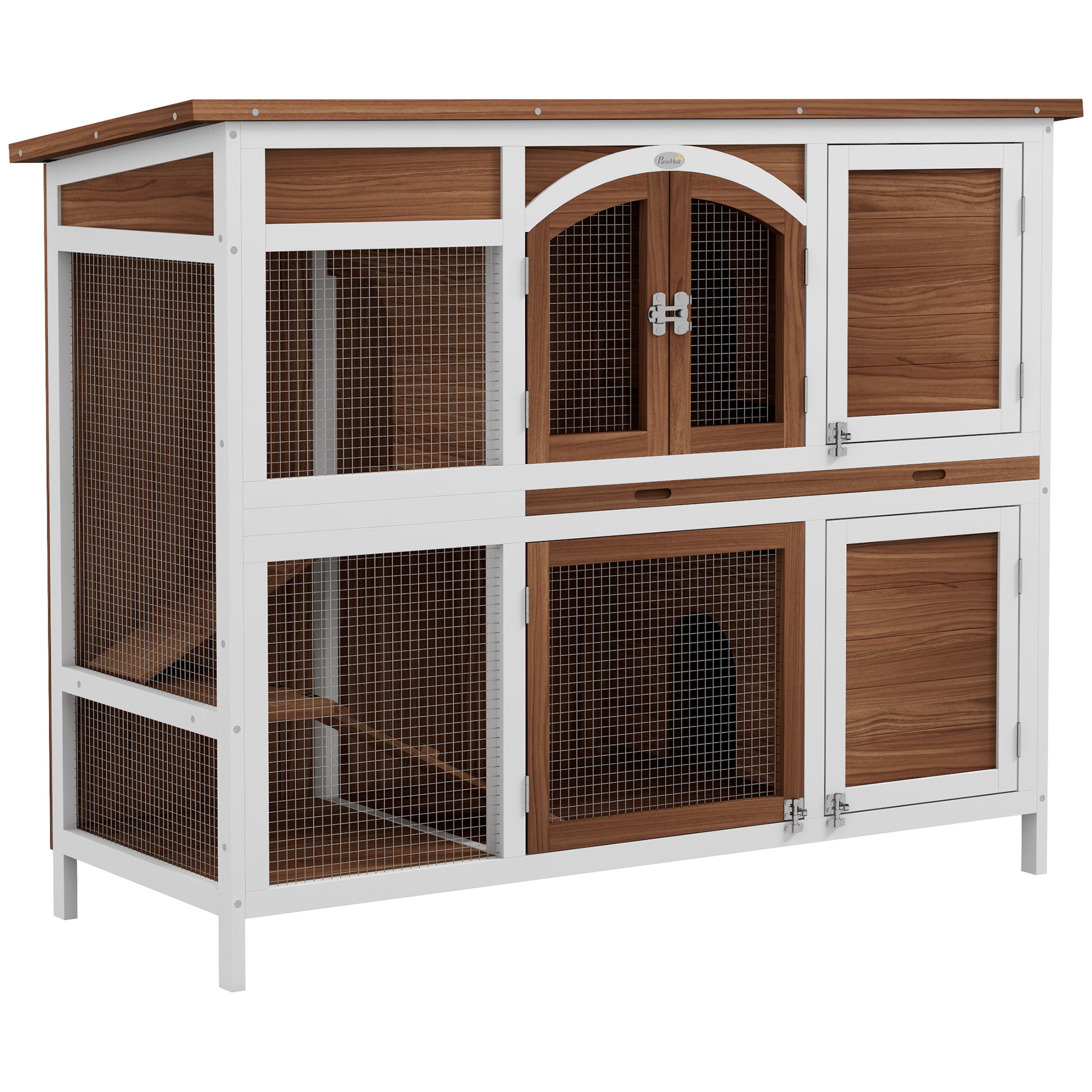 Photo of PawHut Two-Tier Wooden Pet Hutch with Openable Roof, Slide-Out Tray in Tray colour on a white background