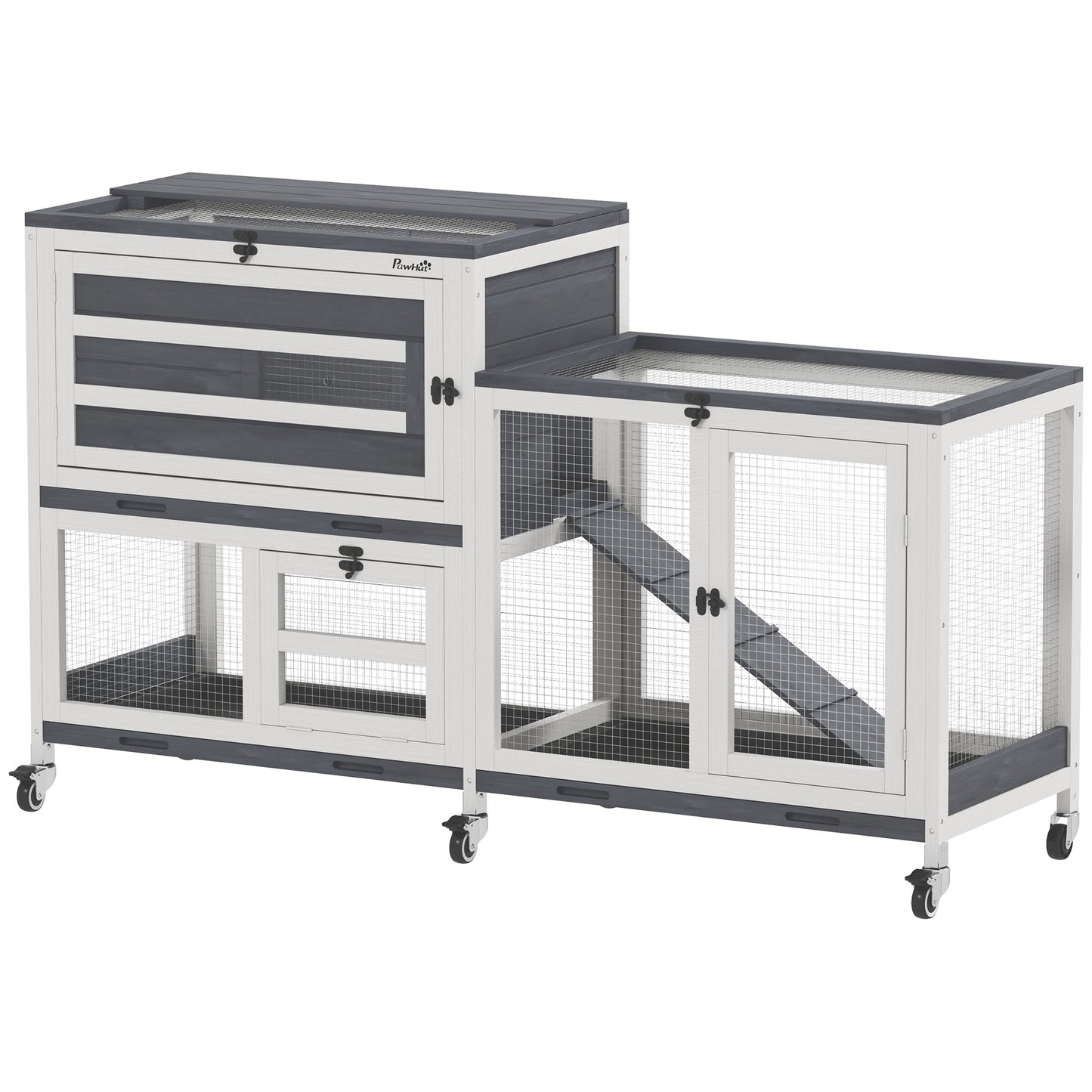 Photo of PawHut Wooden Rabbit Hutch with Run, 2-Tier Guinea Pig Hutch with Run, Wheels, 3 Plastic Trays, 2 Openable Top, for 2-3 Rabbits in Rabbits colour on a white background