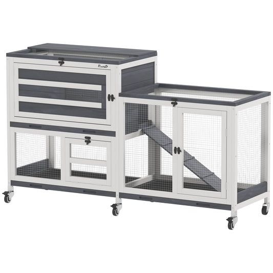Photo of PawHut Wooden Rabbit Hutch with Run, 2-Tier Guinea Pig Hutch with Run, Wheels, 3 Plastic Trays, 2 Openable Top, for 2-3 Rabbits in Rabbits colour on a white background