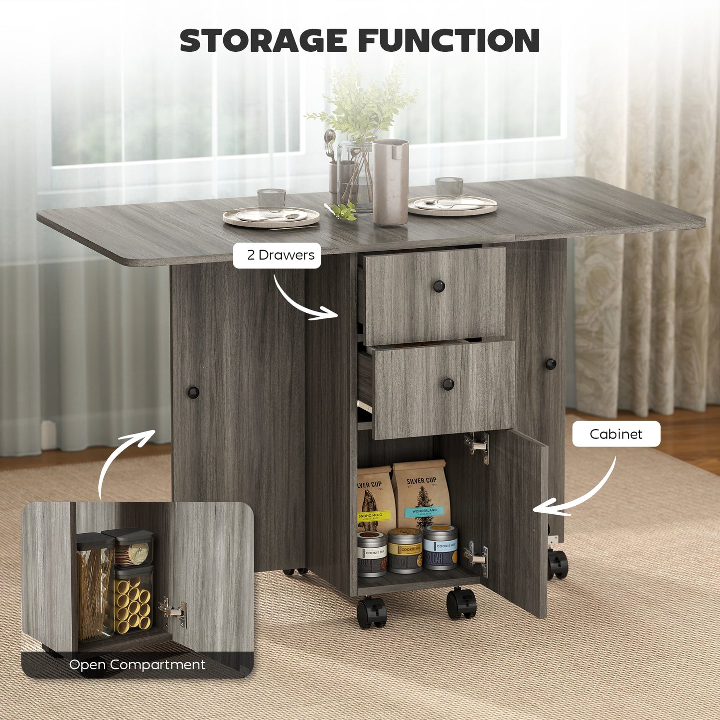 HOMCOM Multi-Storage Six-Person Drop Leaf Dining Table - Grey