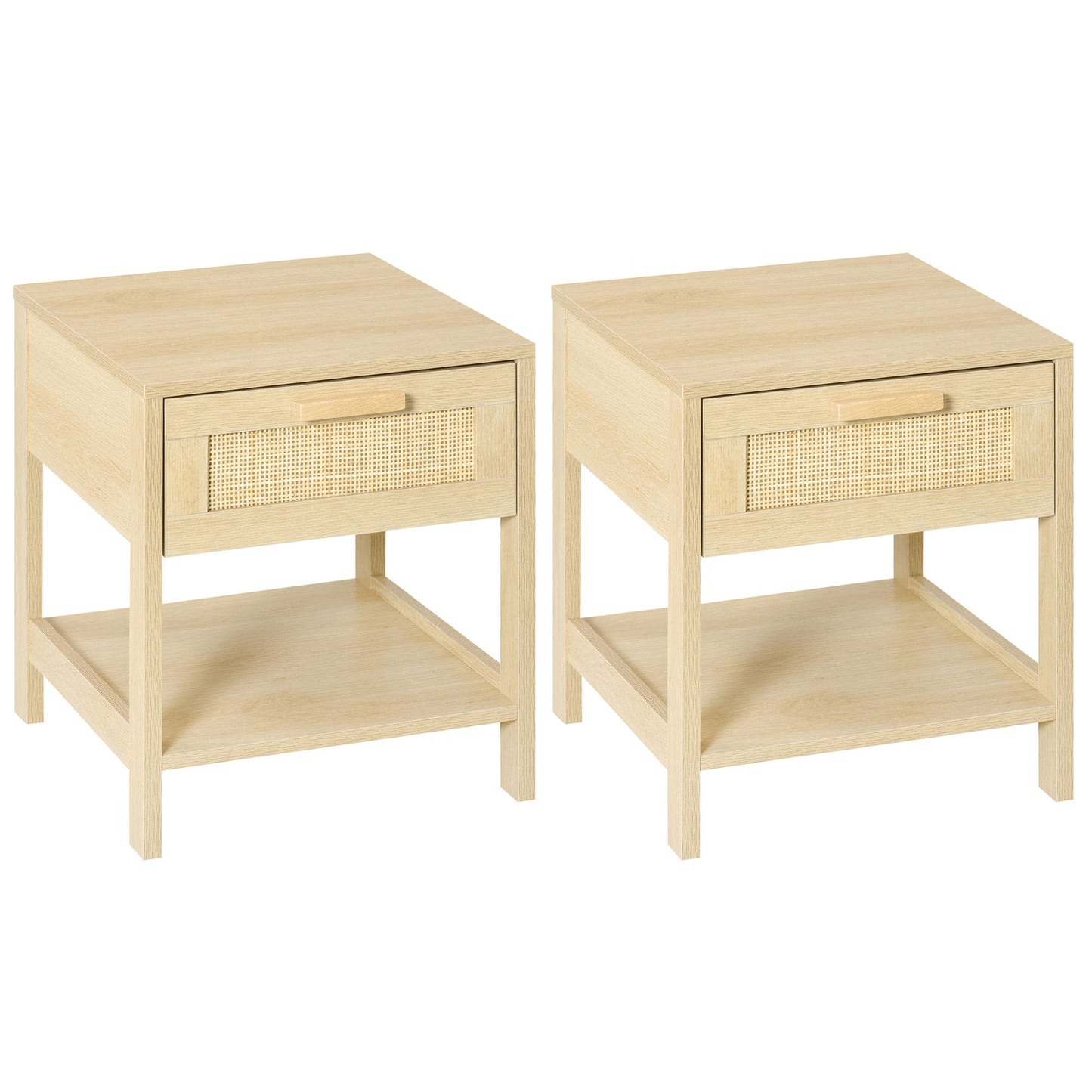 Photo of HOMCOM Bedside Table, Nightstand with Rattan Drawer and Storage Open Shelf, Farmhouse Side Table for Bedroom, Living Room, Set of 2 in 2 colour on a white background