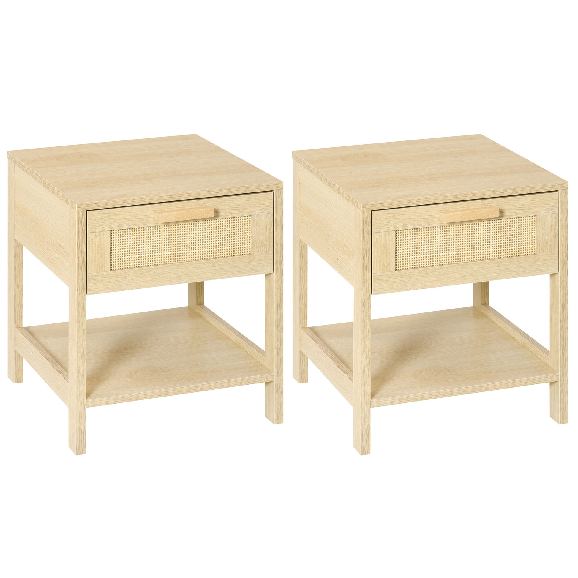 Photo of HOMCOM Bedside Table, Nightstand with Rattan Drawer and Storage Open Shelf, Farmhouse Side Table for Bedroom, Living Room, Set of 2 in 2 colour on a white background