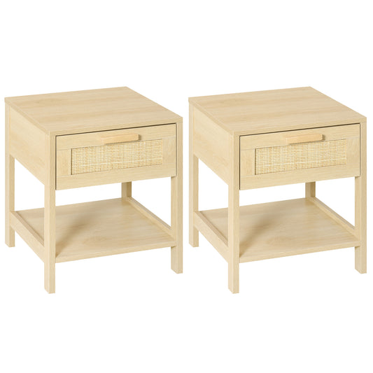 Photo of HOMCOM Bedside Table, Nightstand with Rattan Drawer and Storage Open Shelf, Farmhouse Side Table for Bedroom, Living Room, Set of 2 in 2 colour on a white background