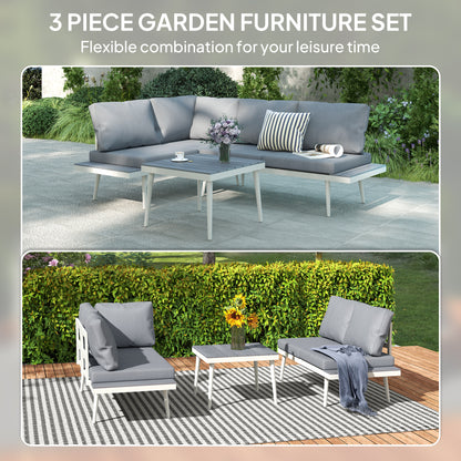 Three-piece garden furniture set shown in corner sofa and separate lounger layouts