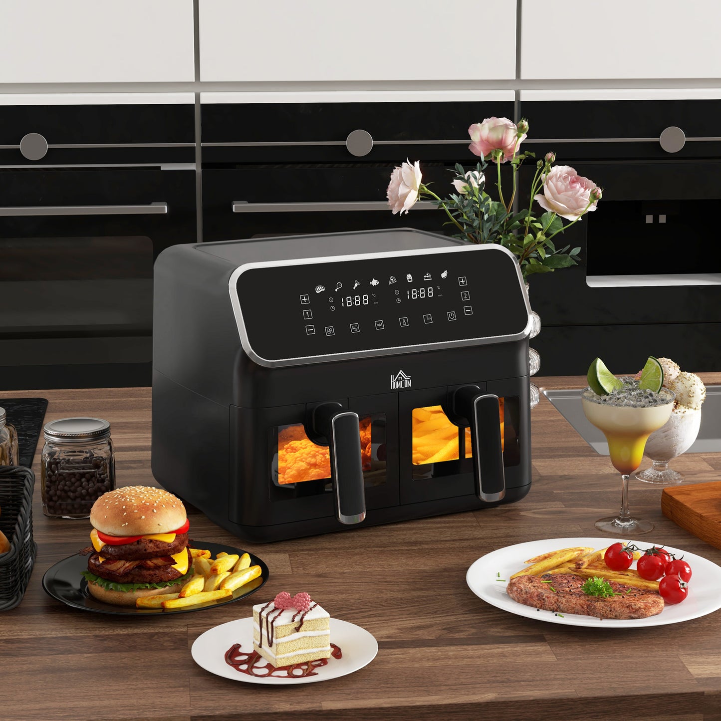 HOMCOM 8L Dual Basket Air Fryer, 80-200℃ Air Fryer Oven with 2 Baskets and Sync Function - Black/Silver