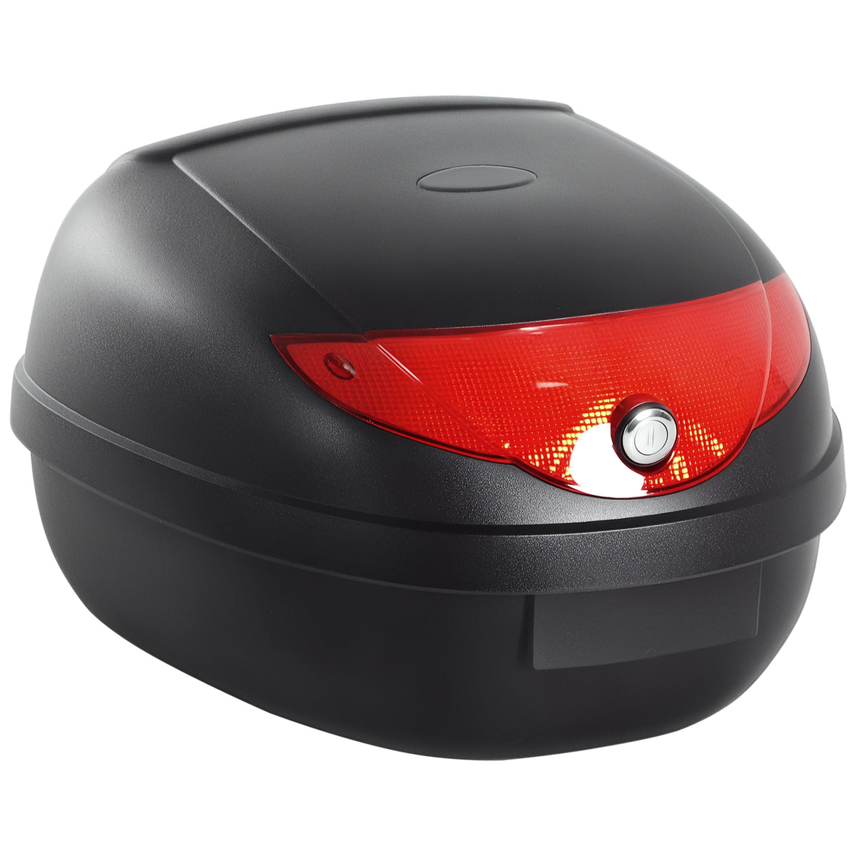 Black hard-shell motorcycle top box with a red reflector and circular lock
