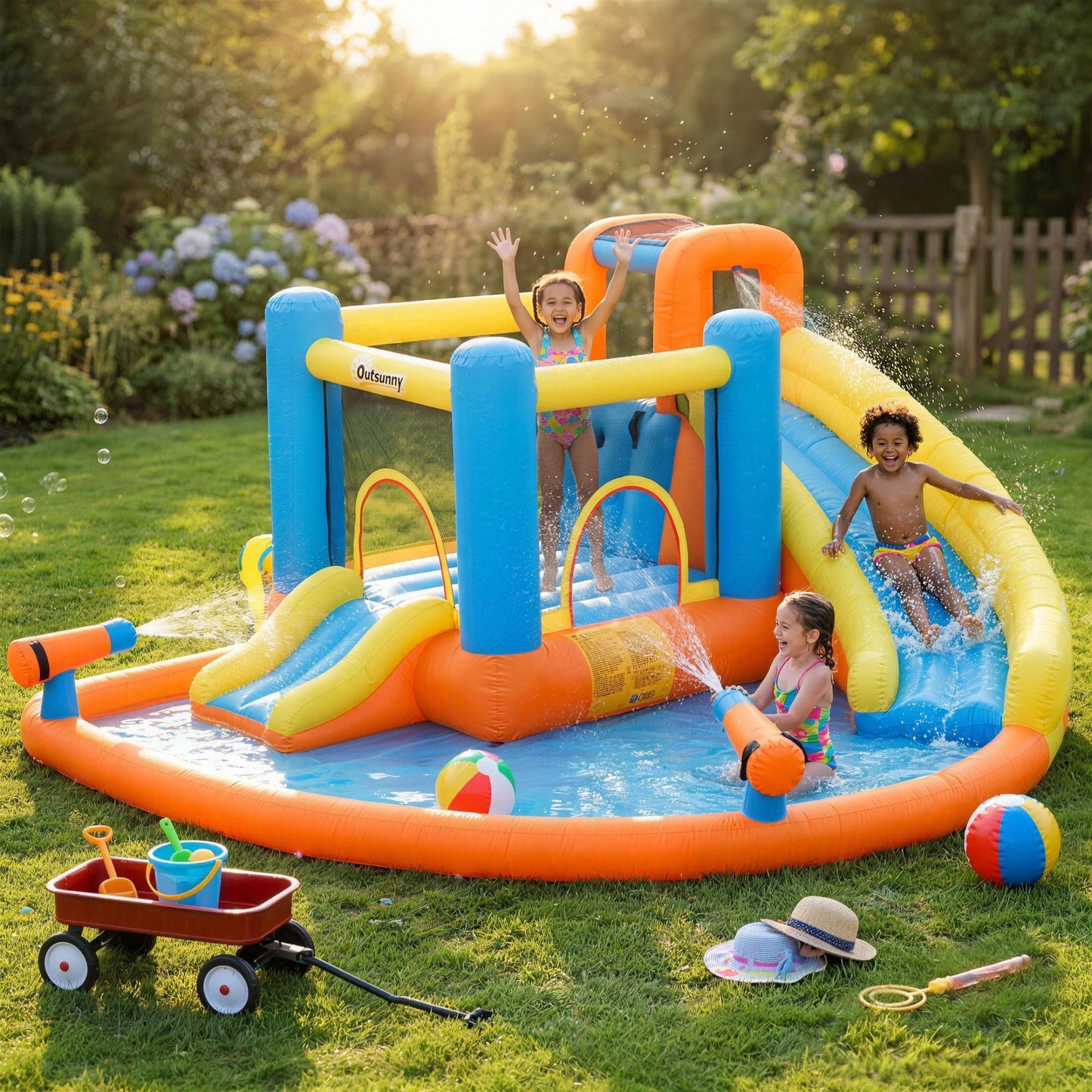 AIYAPLAY 5 in 1 Bouncy Castle for Children, Inflatable Bounce House with Dual Slides, Pool, Climbing Wall, Water Cannons, Blower