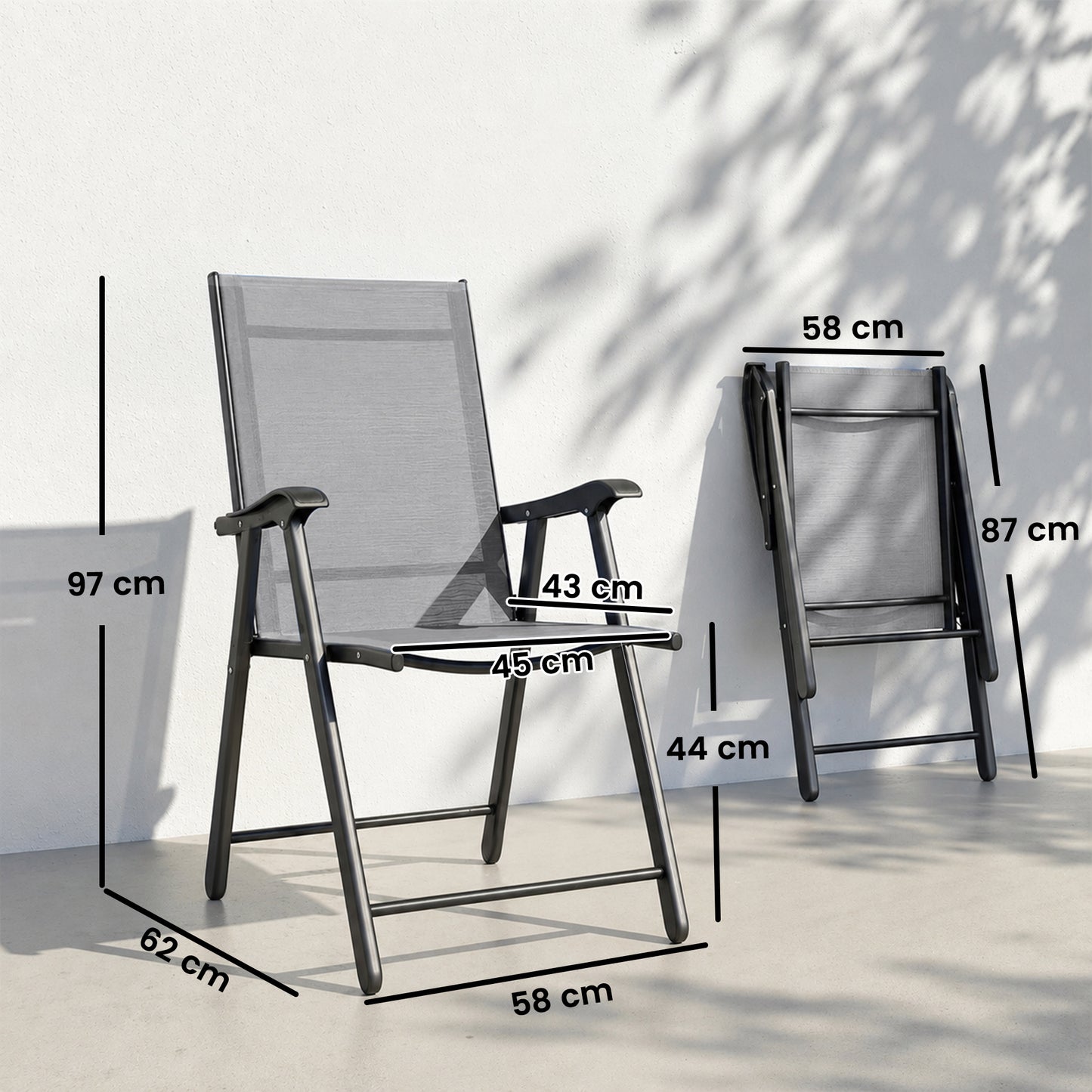 Outsunny Folding Garden Chairs Set of 4, Foldable Garden Dining Chairs with High Back, Armrests, Texteline Seat, Light Grey