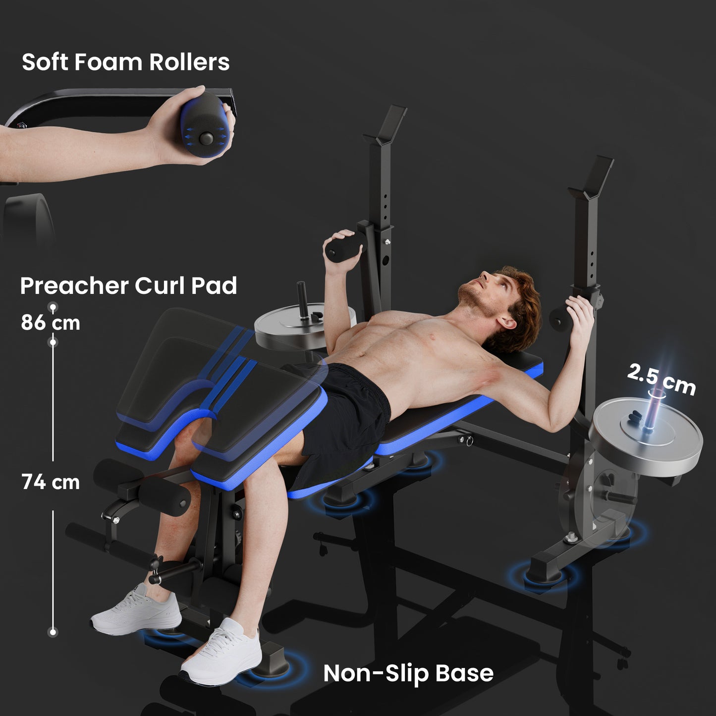 HOMCOM Adjustable Weight Bench with Leg Extension, Barbell Rack, Preacher Curl Pad, Butterfly, Multi-Function Home Gym Bench for Strength Training, Blue