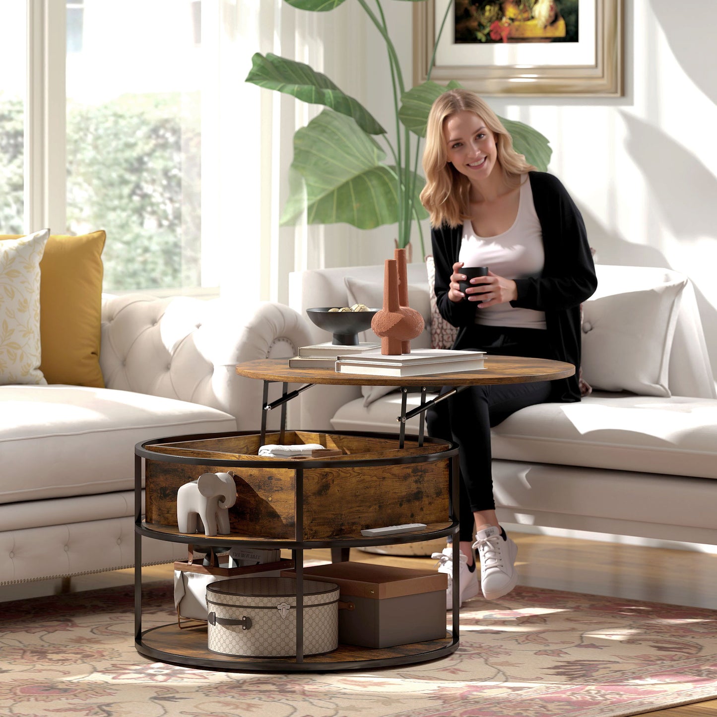 HOMCOM Lift Top Coffee Table, Round Coffee Table with Storage Shelf, Hidden Compartment and Steel Frame for Living Room, Home Office, Brown