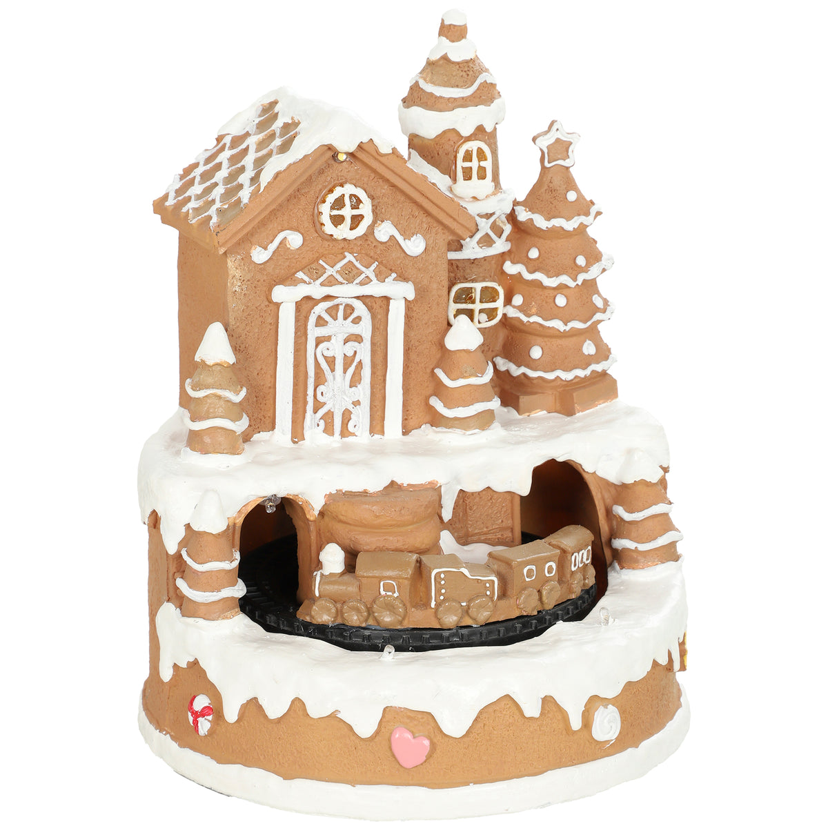 Photo of HOMCOM Christmas Gingerbread House, Lighted Musical Snow Village with Rotating Train, LEDs, Tunes, Battery Operated in Operated colour on a white background