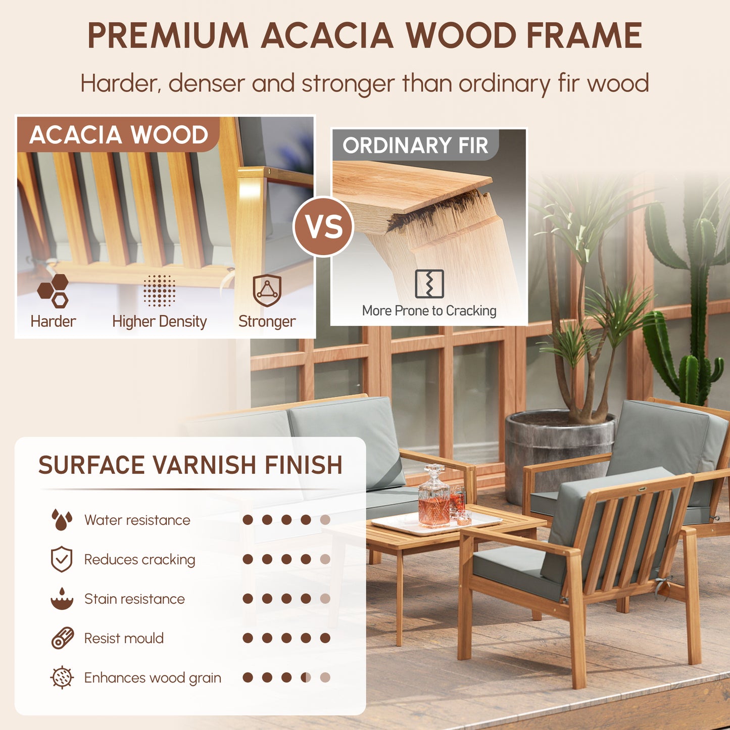 Outsunny 4-Piece Wooden Garden Furniture Set with Cushions - Teak