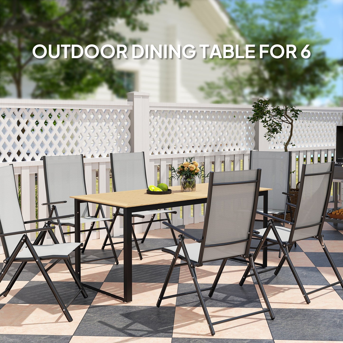 Outsunny Garden Table for 6 People, 175 x 78 x 75 cm Rectangle Outdoor Dining Table with Slatted Top, Metal Frame, for Balcony, Deck, Teak