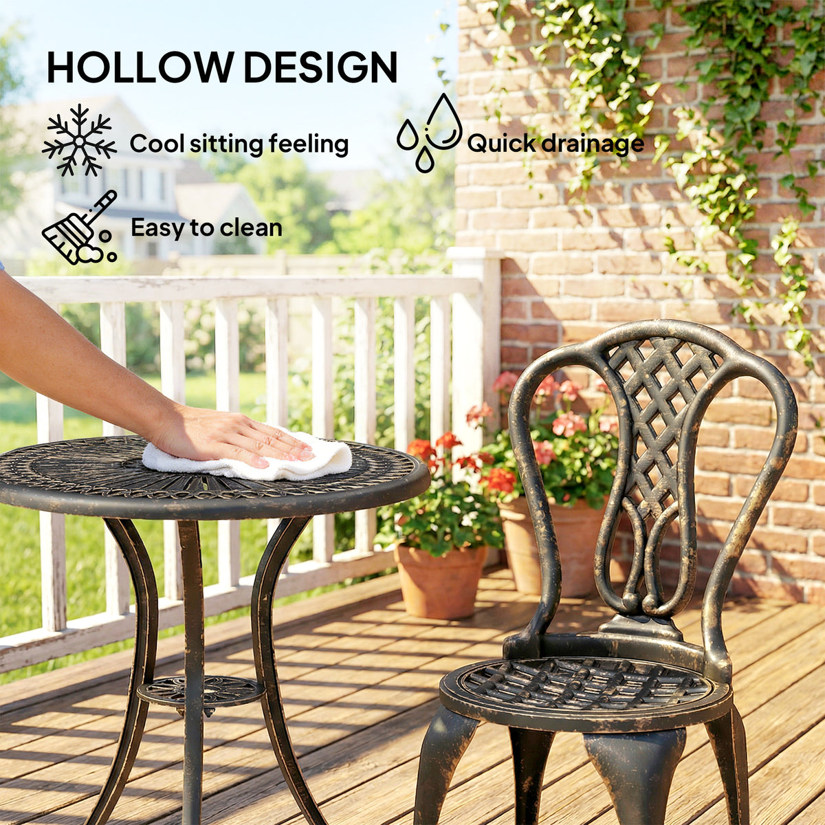 Outsunny 3 Piece Patio Cast Aluminium Bistro Set Garden Outdoor Furniture Table and Chairs Shabby Chic Style, Bronze Tone