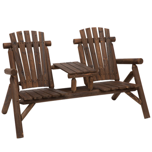 Photo of Outsunny Wood Patio Chair Bench 2 Seats Jack and Jill Seat w/ Center Coffee Table, Garden Bench, Carbonized in Carbonized colour on a white background