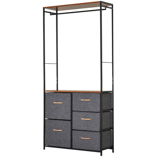 Photo of HOMCOM Chest of Drawers with Coat rack Steel Frame 5 Drawers  Bedroom Hallway Home Furniture Black Brown in Brown colour on a white background