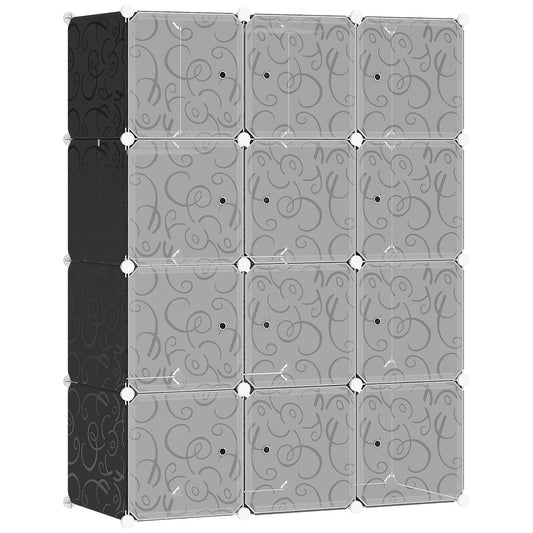 Photo of HOMCOM Portable Wardrobe for Bedroom, 12 Cube Closet with 2 Hanging Rails, Modular Storage Cabinet, Plastic Armoire for Space Saving, White and Black in Black colour on a white background