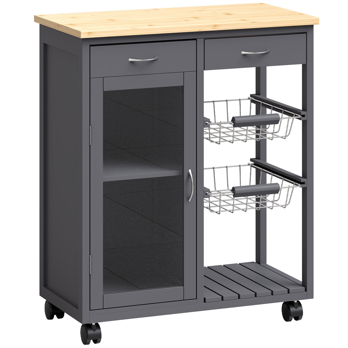 Photo of HOMCOM Bamboo Kitchen Island, Rolling Kitchen Trolley with Glass Door, 2 Metal Wire Baskets and Adjustable Shelf, Grey in Grey colour on a white background