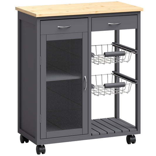 Photo of HOMCOM Bamboo Kitchen Island, Rolling Kitchen Trolley with Glass Door, 2 Metal Wire Baskets and Adjustable Shelf, Grey in Grey colour on a white background