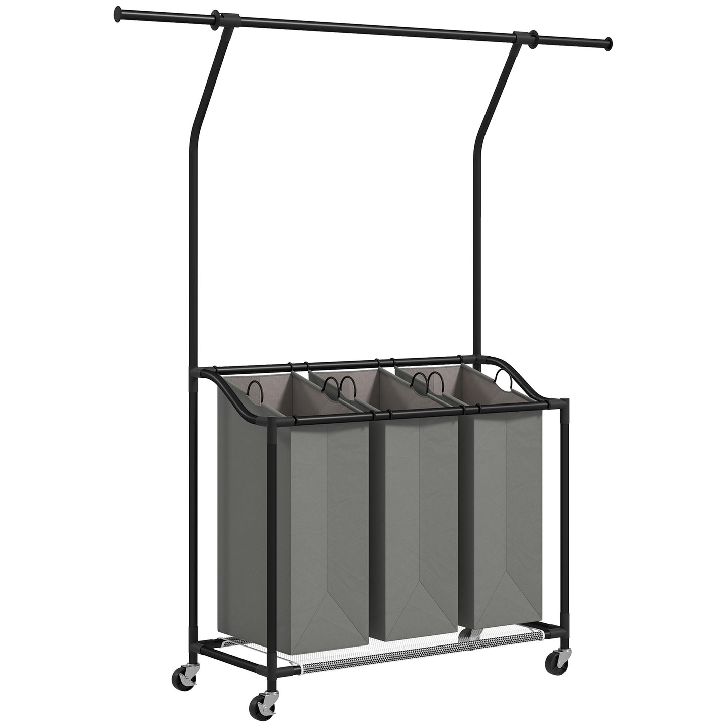 Photo of HOMCOM 3x 42L Laundry Basket Unit, with Hanging Rail - Black/Grey in Black/Grey colour on a white background
