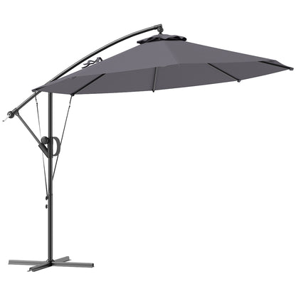 Grey cantilever patio umbrella with round canopy, crank handle and cross-shaped base