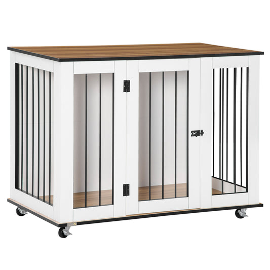 Photo of PawHut Dog Crate Furniture, Dog Cage End Table, with Wheels, for Large Dogs, 106 x 60 x 82 cm  - White in White colour on a white background