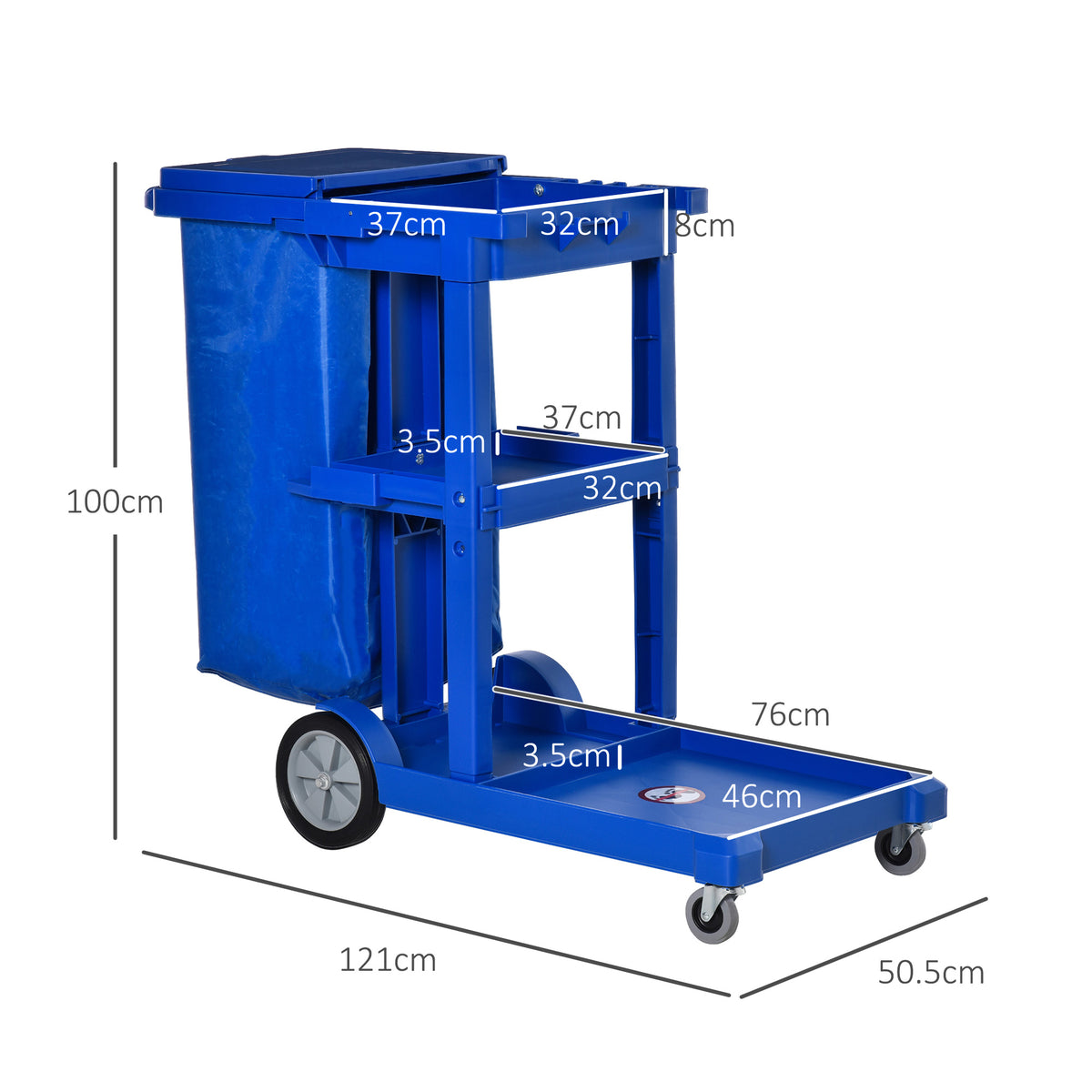 Blue cleaning trolley with waste bag and shelves, shown with dimensions of 121 by 50.5 by 100 cm.