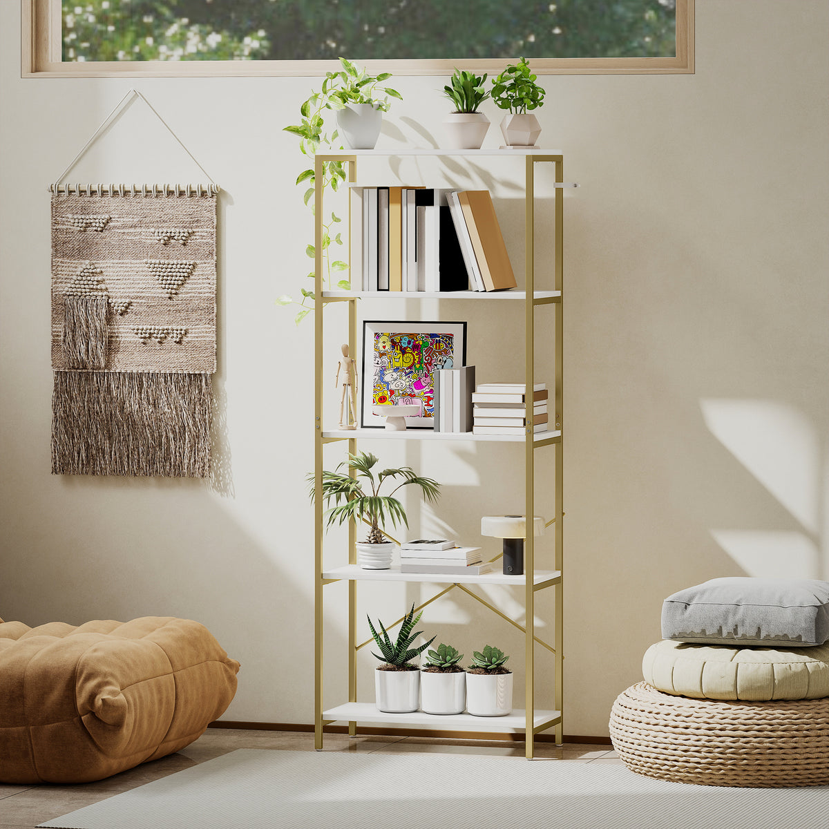 HOMCOM 5-Tier Bookshelf, Modern Bookcase with Metal Frame - White and Gold Tone