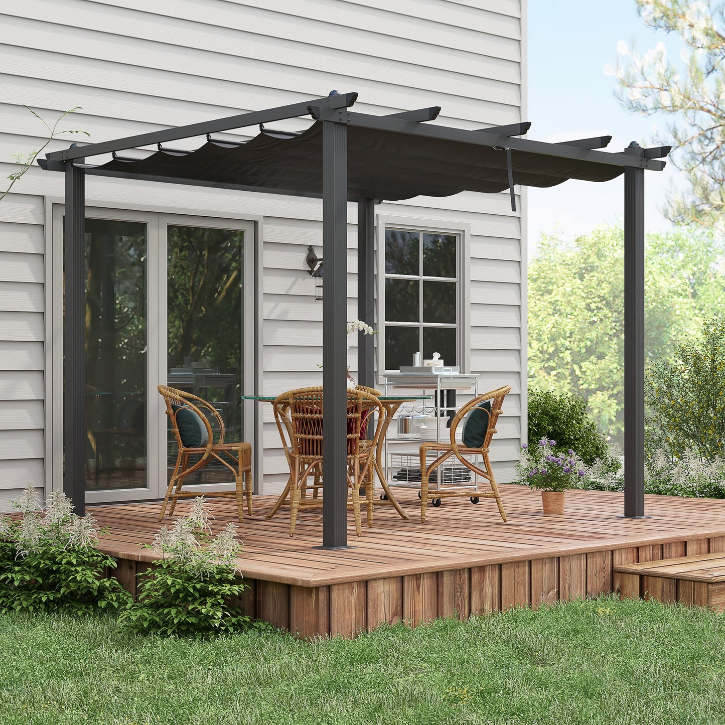 Outsunny 3 x 3m Aluminium Pergola with Retractable Roof and L4 Wind-proof - Dark Grey