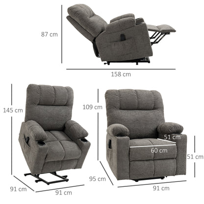 Grey power lift recliner chair with dimensions shown upright and fully reclined