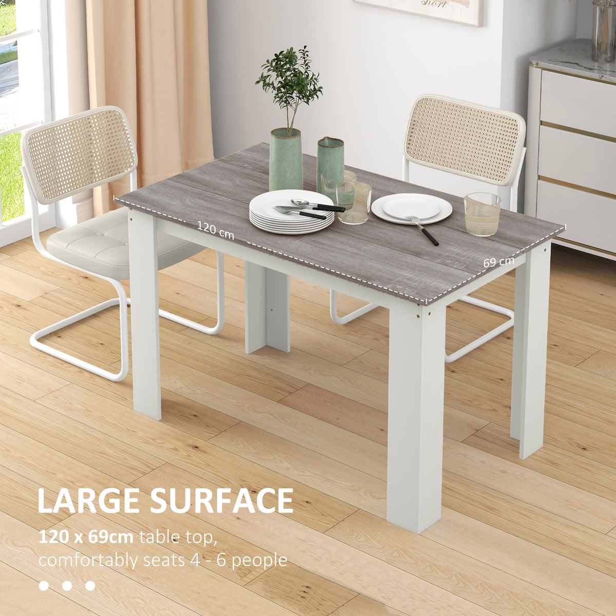 Gray wood-effect dining table with white legs, 120 by 69 cm surface