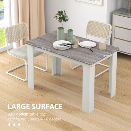 Gray wood-effect dining table with white legs, 120 by 69 cm surface