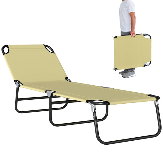 Beige portable sun lounger with black steel frame, shown open and folded for carrying