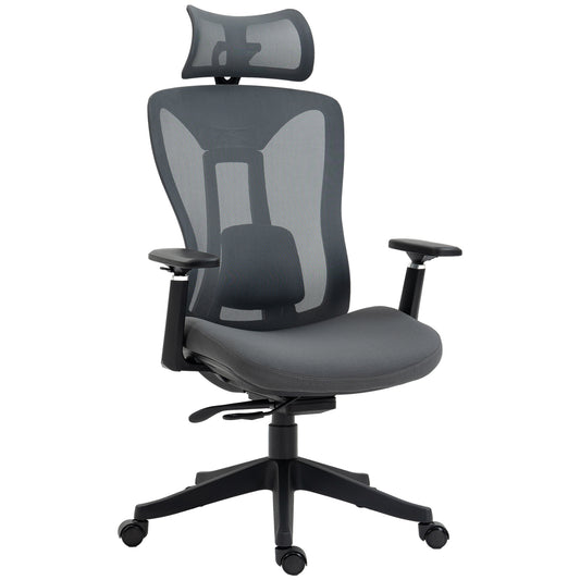 Photo of Vinsetto Mesh Office Chair, Ergonomic Desk Chair, Computer Chair with Adjustable Headrest and Lumbar Support, 135° Reclining Back and 3D Armrest for Home Office Study, Grey in Grey colour on a white background
