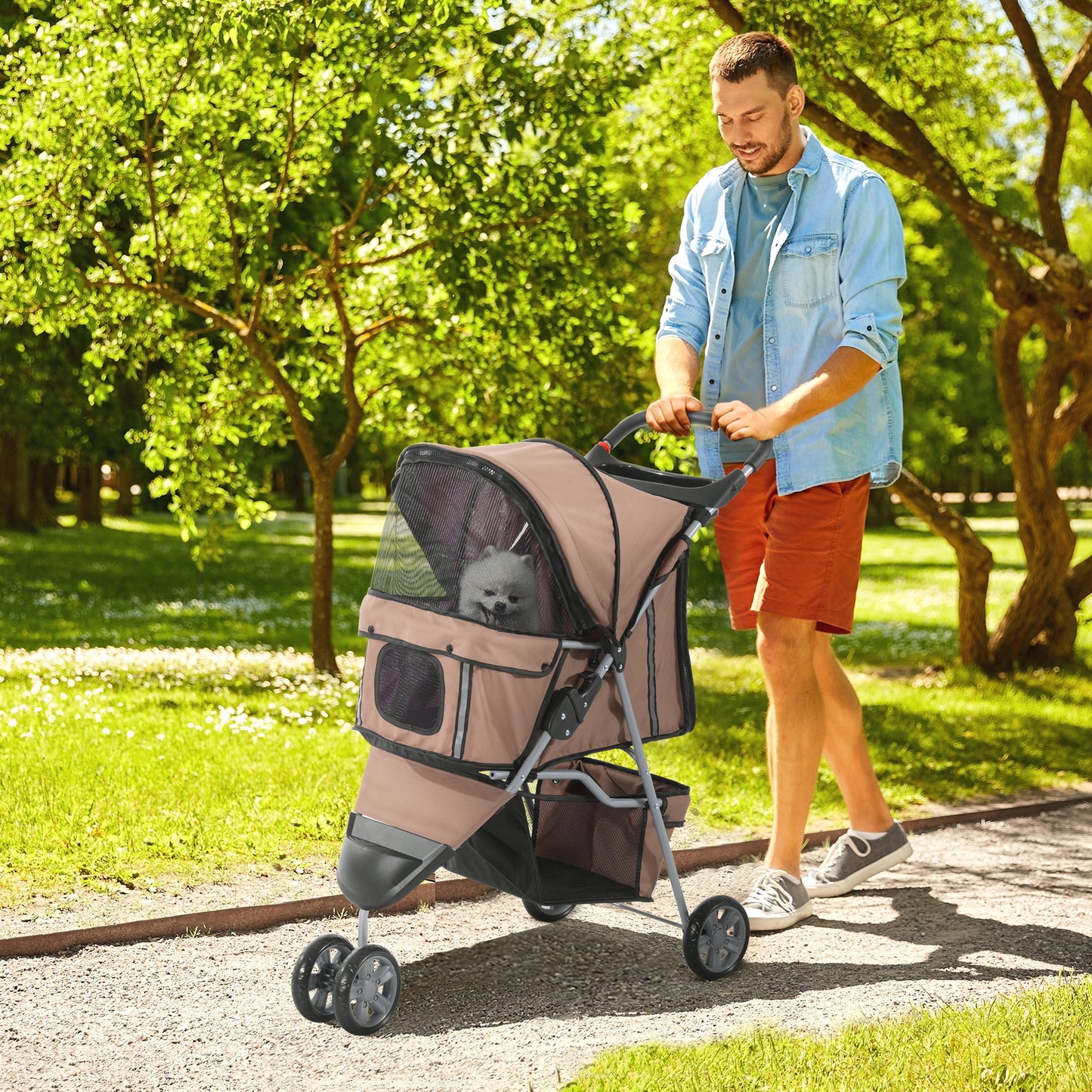 PawHut 3 Wheel Pet Stroller for Small and Miniature Dogs, Brown