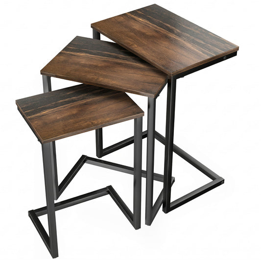 Photo of HOMCOM Nesting Side Tables Set of 3, C-Shaped Snack Side Tables with Steel Frame for Sofa Couch and Bed, Rustic Brown in Brown colour on a white background
