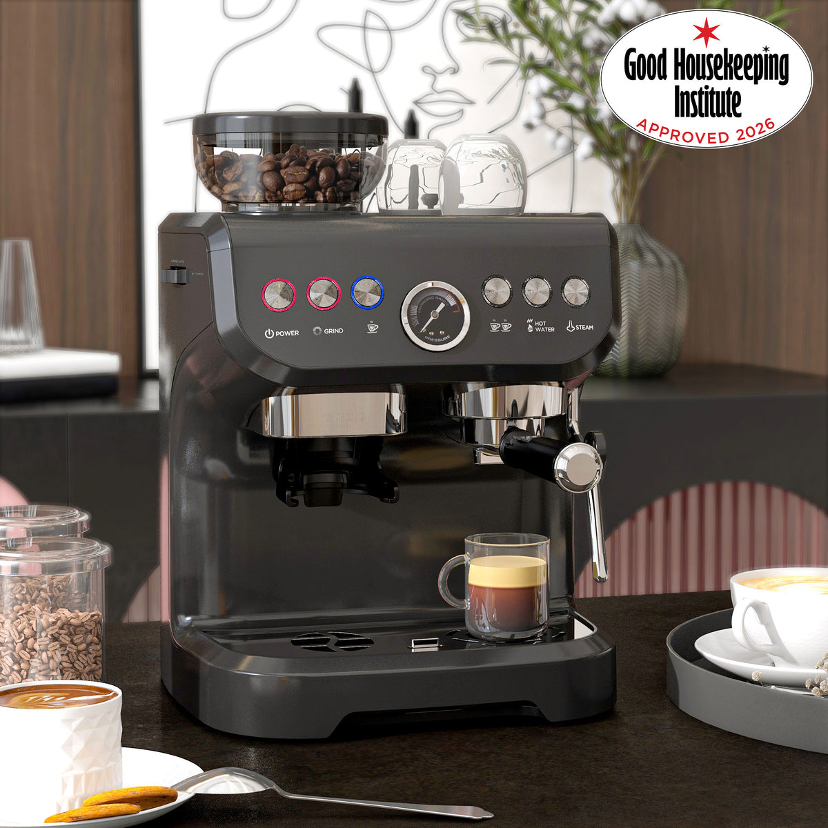 Black espresso machine with bean hopper, portafilter, steam wand and cup brewing espresso