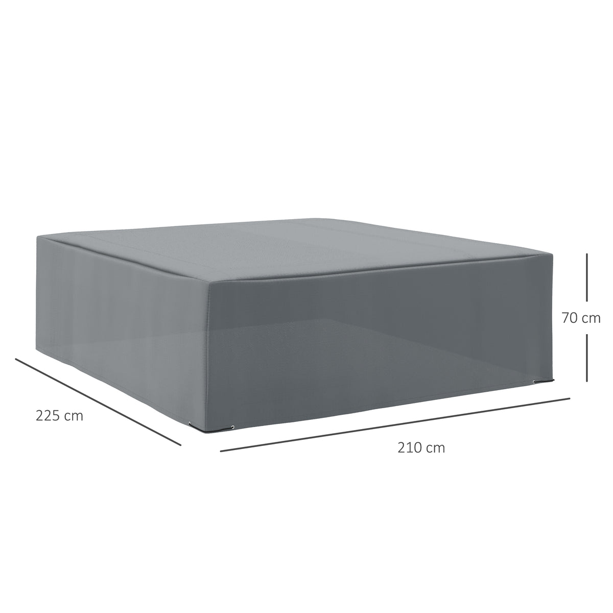 Grey outdoor furniture cover, 225 × 210 × 70 cm, with a fitted rectangular shape.