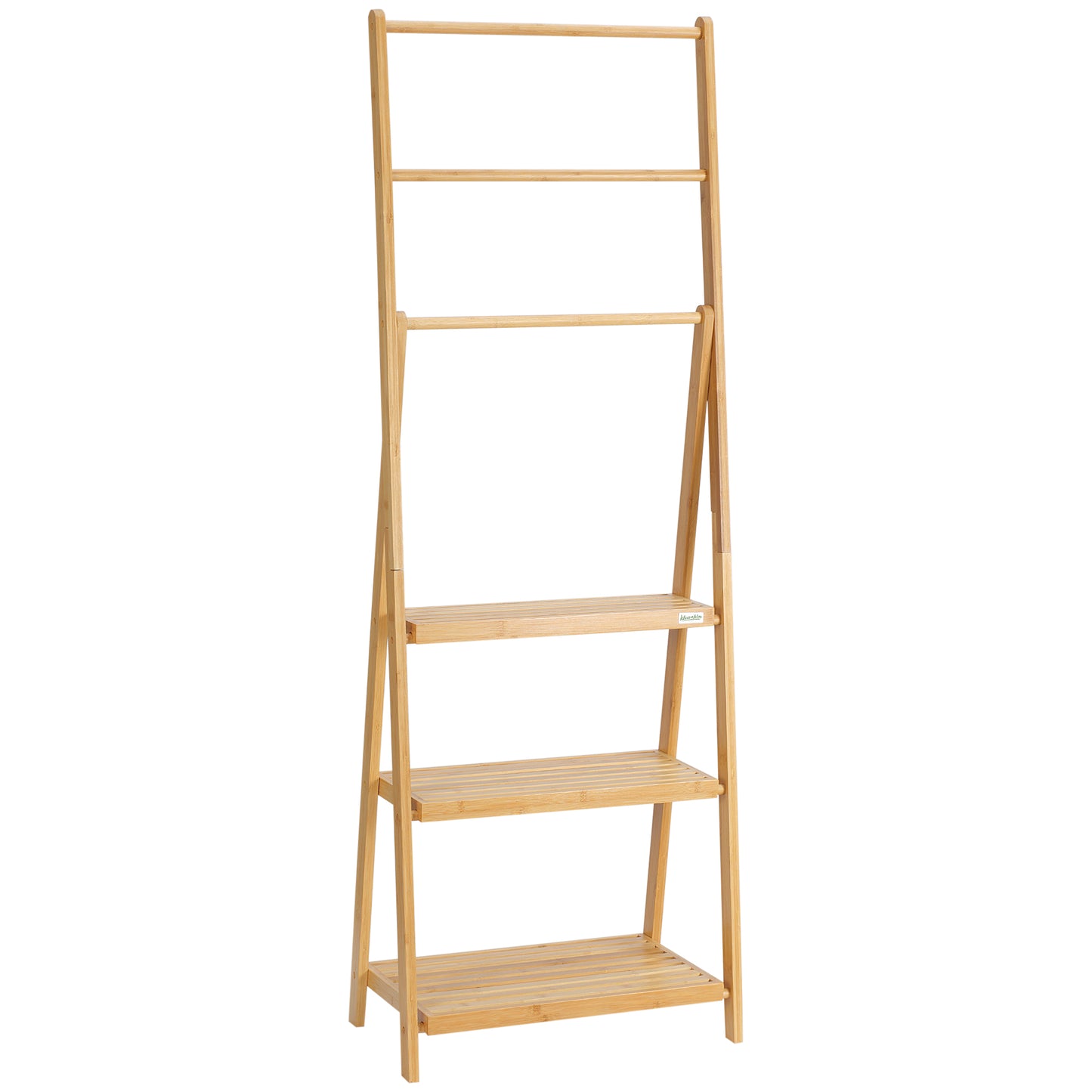 Photo of kleankin Freestanding Natural Bamboo Towel Rack with 3 Towel Rails and 3 Storage Shelves, Space-Saving Foldable Towel Holder for Bathroom in Bathroom colour on a white background