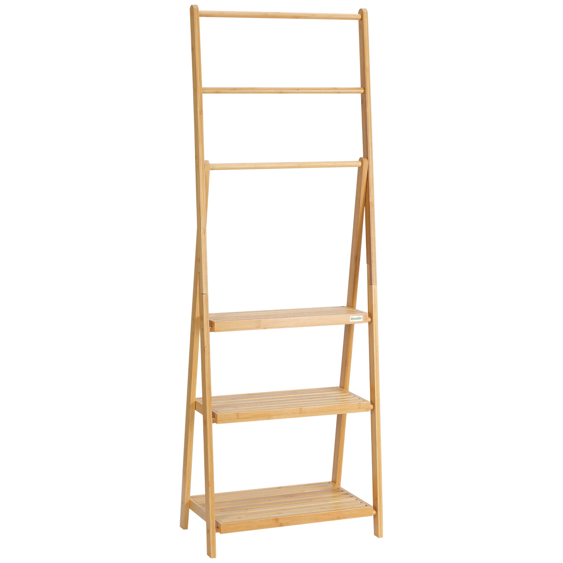 Photo of kleankin Freestanding Natural Bamboo Towel Rack with 3 Towel Rails and 3 Storage Shelves, Space-Saving Foldable Towel Holder for Bathroom in Bathroom colour on a white background