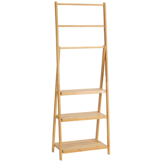 Freestanding bamboo towel rack with three rails and three slatted shelves