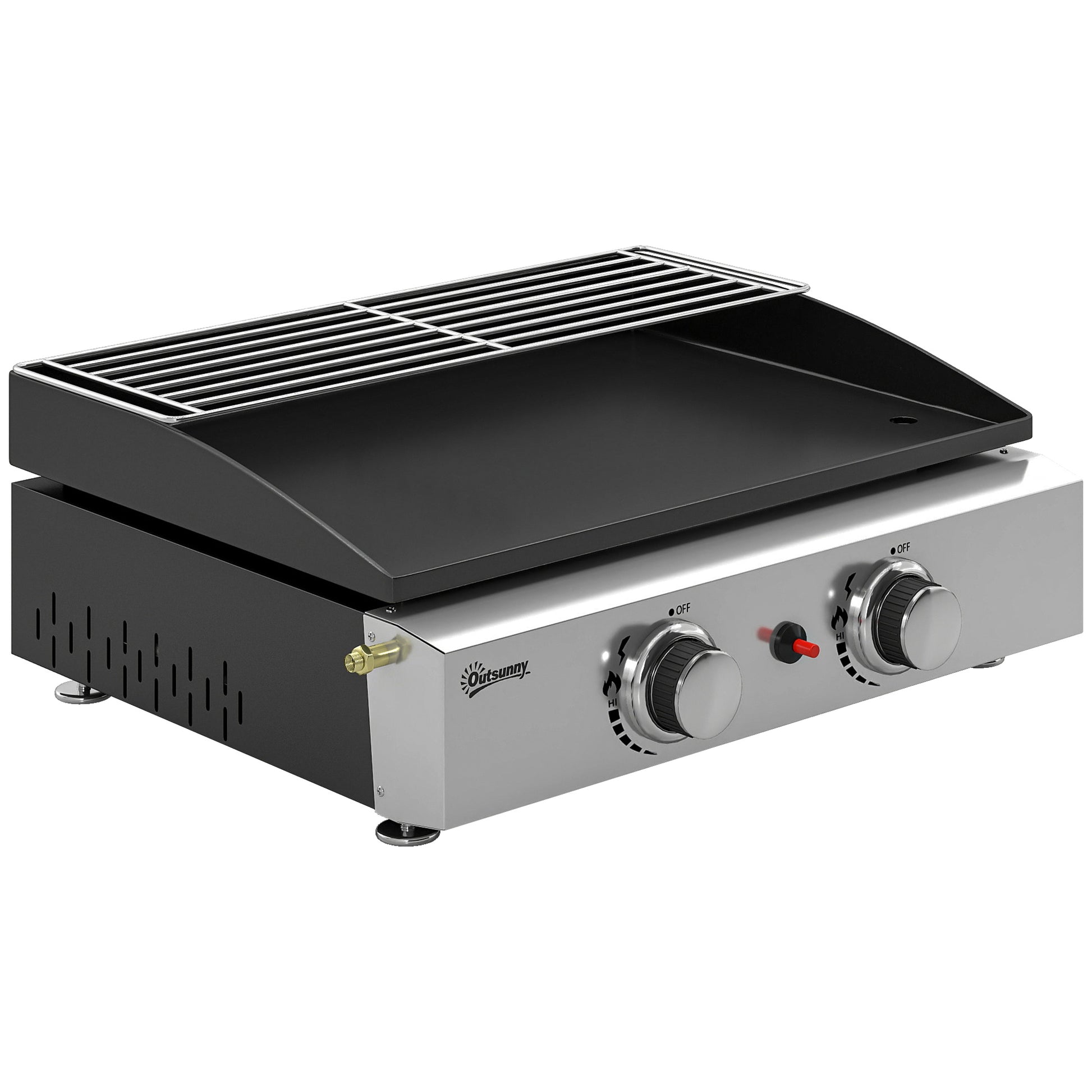 Photo of Outsunny 2 Burner Grill Griddle, Portable Gas Plancha with Warming Rack, 5 kW, Tabletop Gas BBQ with Grease Cup, Black in Black colour on a white background